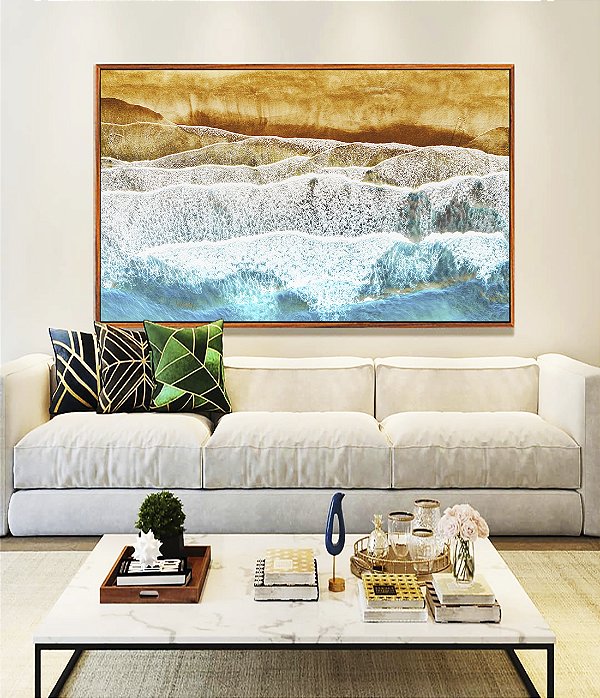 Quadro Horizontal Praia e Espuma do Mar Azul Claro Natureza Canvas Moldura