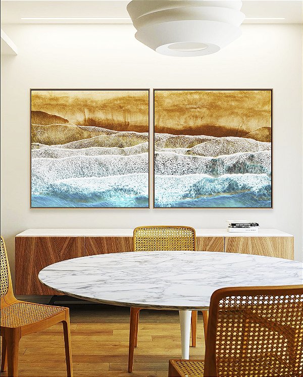 Duo de Quadros Quadrados Praia e Espuma do Mar Azul Claro Natureza Canvas Moldura