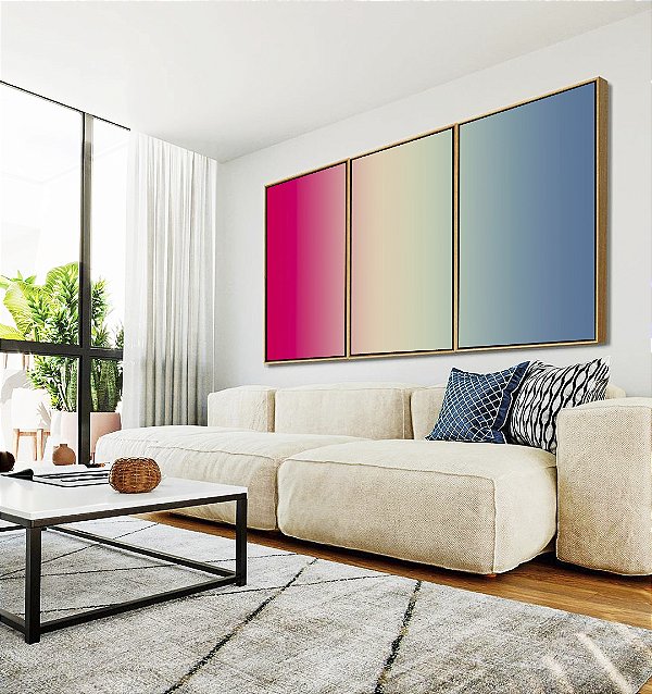 Trio de Quadros Degradê Rosa Choque Areia Azul Canvas Moldura