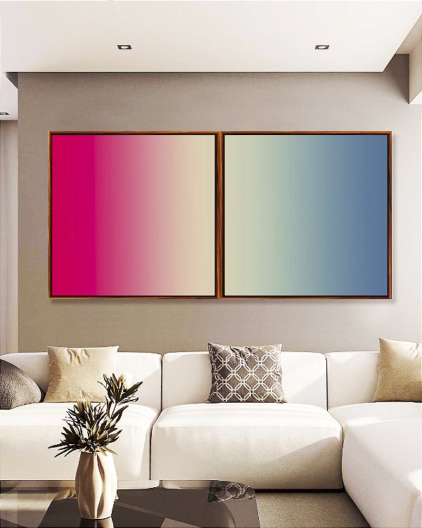 Duo de Quadros Quadrados Degradê Rosa Choque Areia Azul Canvas Moldura