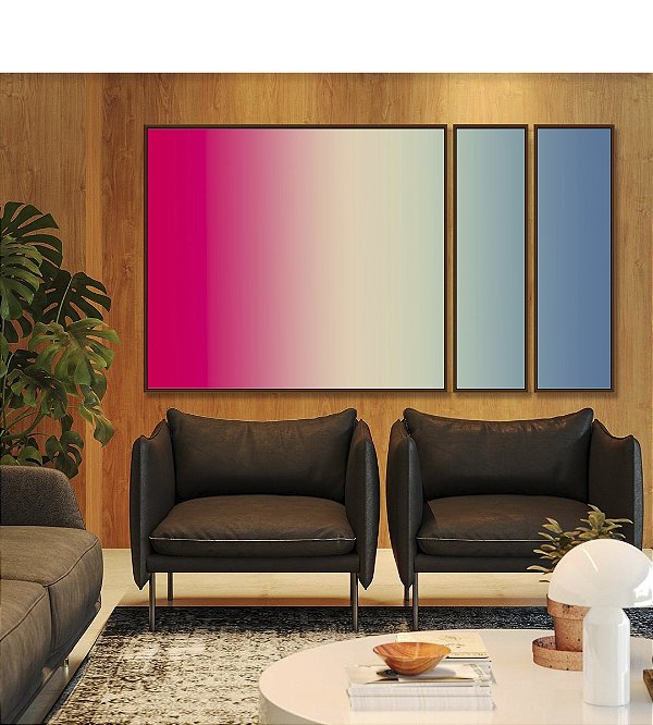 Trio de Quadros Estilizados Degradê Rosa Choque Areia Azul Canvas Moldura