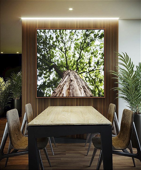 Quadro Quadrado Árvore Folhas Verdes e Tronco Paisagem Canvas Moldura