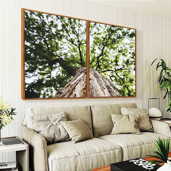 Duo de Quadros Árvore Folhas Verdes e Tronco Paisagem Canvas Moldura