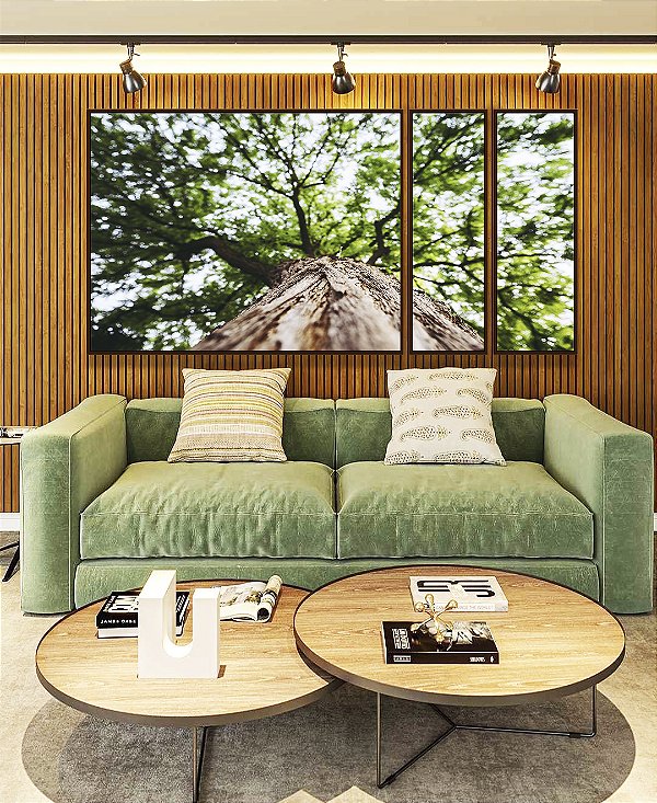 Trio de Quadros Estilizados Árvore Folhas Verdes e Tronco Paisagem Canvas Moldura