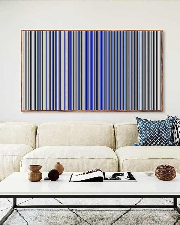 Quadro Horizontal Abstrato Degradê Listras Cinza Chumbo Azul Cobalto Canvas Moldura