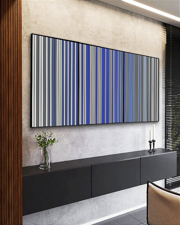 Trio de Quadros Abstrato Degradê Listras Cinza Chumbo Azul Cobalto Canvas Moldura