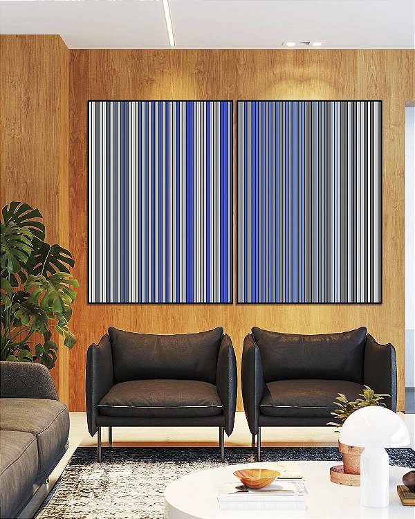 Duo de Quadros Abstrato Degradê Listras Cinza Chumbo Azul Cobalto Canvas Moldura