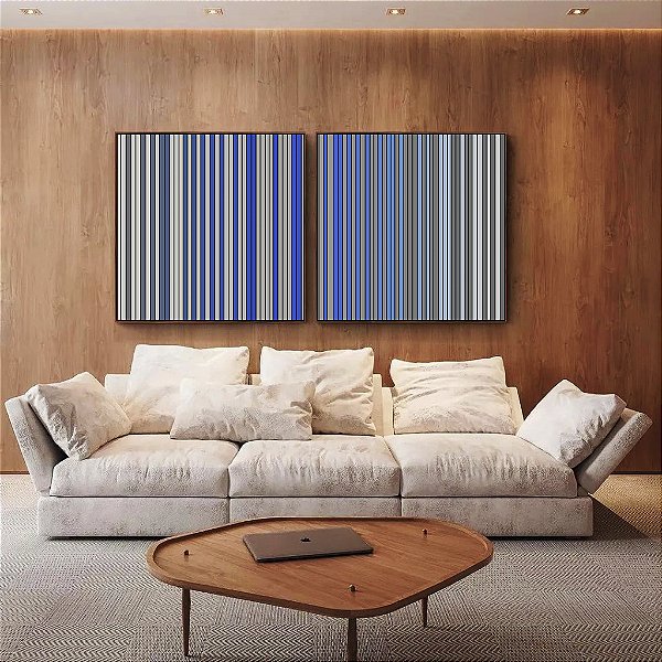 Duo de Quadros Quadrados Abstrato Degradê Listras Cinza Chumbo Azul Cobalto Canvas Moldura