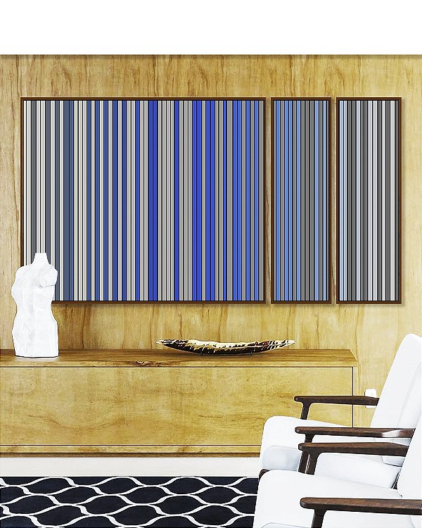 Trio de Quadros Estilizados Abstrato Degradê Listras Cinza Chumbo Azul Cobalto Canvas Moldura