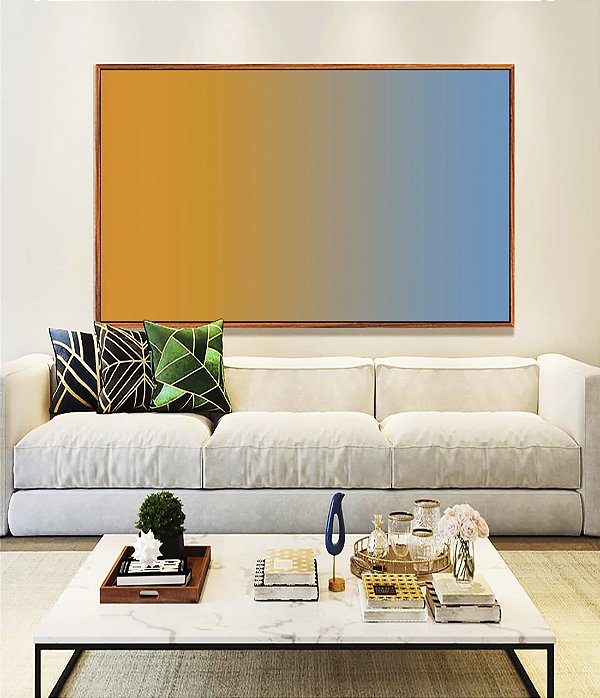 Quadro Horizontal Abstrato Degradê Laranja Tangerina Azul Canvas Moldura
