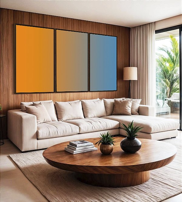 Trio de Quadros Abstrato Degradê Laranja Tangerina Azul Canvas Moldura