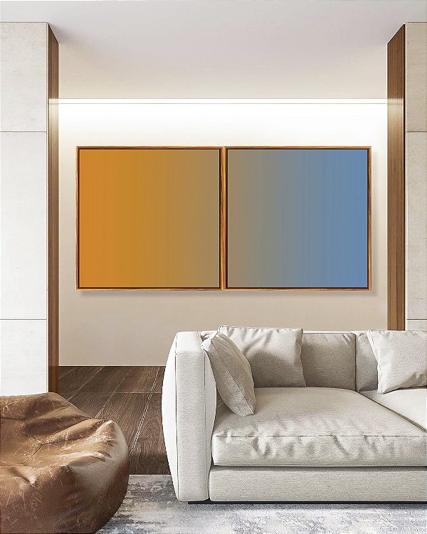 Duo de Quadros Quadrados Abstrato Degradê Laranja Tangerina Azul Canvas Moldura