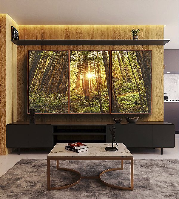 Trio de Quadros Floresta Árores Luzes do Sol Natureza Canvas Moldura