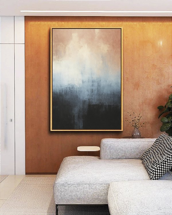 Quadro Vertical Abstrato Degradê Rosa Antigo Azul Escuro Efeito Pintura Canvas Moldura