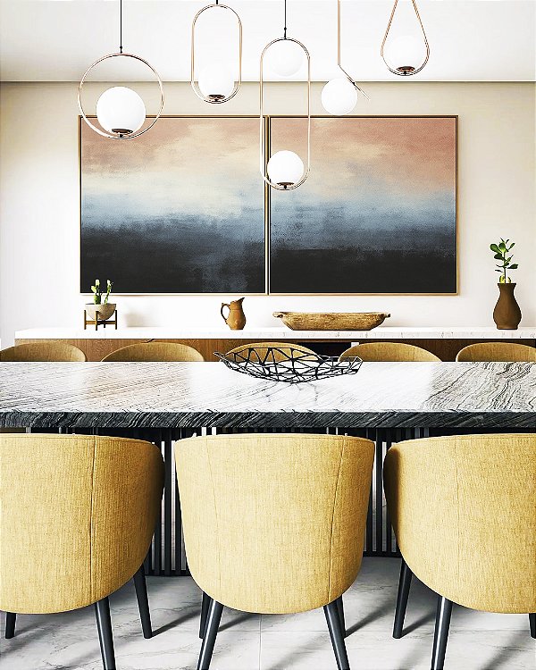 Duo de Quadros Quadrados Abstrato Degradê Rosa Antigo Azul Escuro Efeito Pintura Canvas Moldura