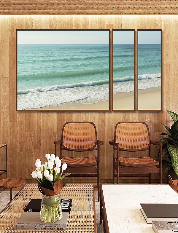 Trio de Quadros Estilizados Praia de Mar Calmo Turquesa Natureza Canvas Moldura