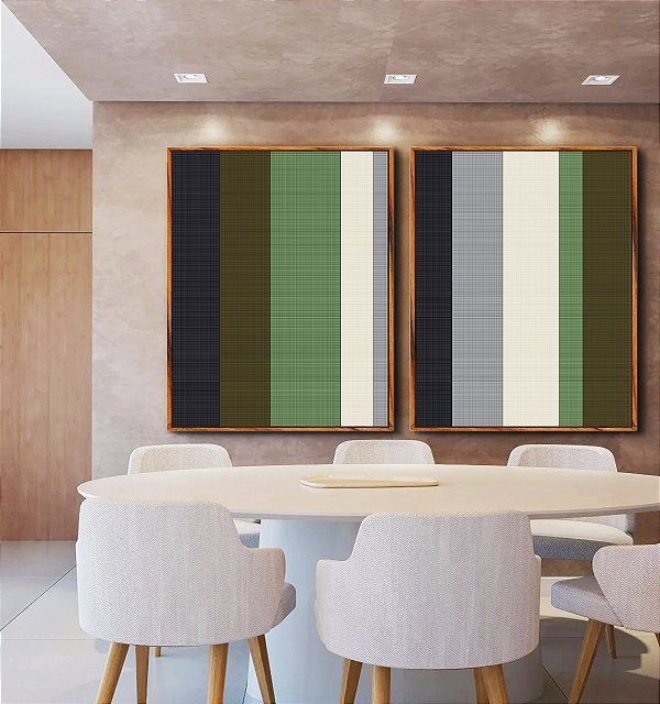 Duo de Quadros Abstrato Listras Geométrico Verde Cinza Branco Canvas Moldura