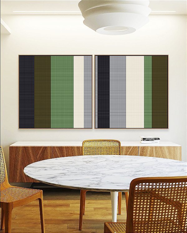 Duo de Quadros Quadrados Abstrato Listras Geométrico Verde Cinza Branco Canvas Moldura