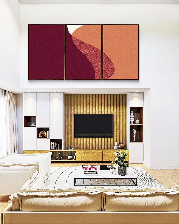 Trio de Quadros Abstrato Vermelho Carmim Rosa Salmão Minimalista Canvas Moldura