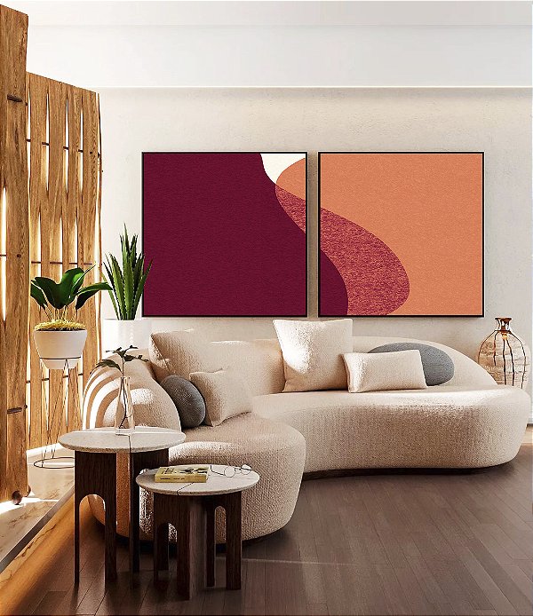 Duo de Quadros Quadrados Abstrato Vermelho Carmim Rosa Salmão Minimalista Canvas Moldura