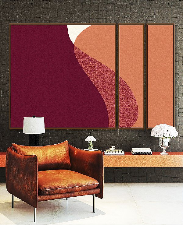 Trio de Quadros Estilizados Abstrato Vermelho Carmim Rosa Salmão Minimalista Canvas Moldura