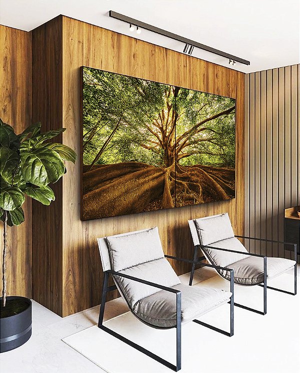 Duo de Quadros Árvore Folhas Raízes Natureza Imponente Canvas Moldura