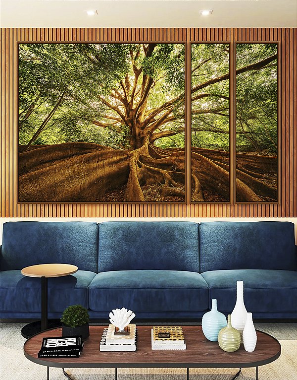 Trio de Quadros Estilizados Árvore Folhas Raízes Natureza Imponente Canvas Moldura