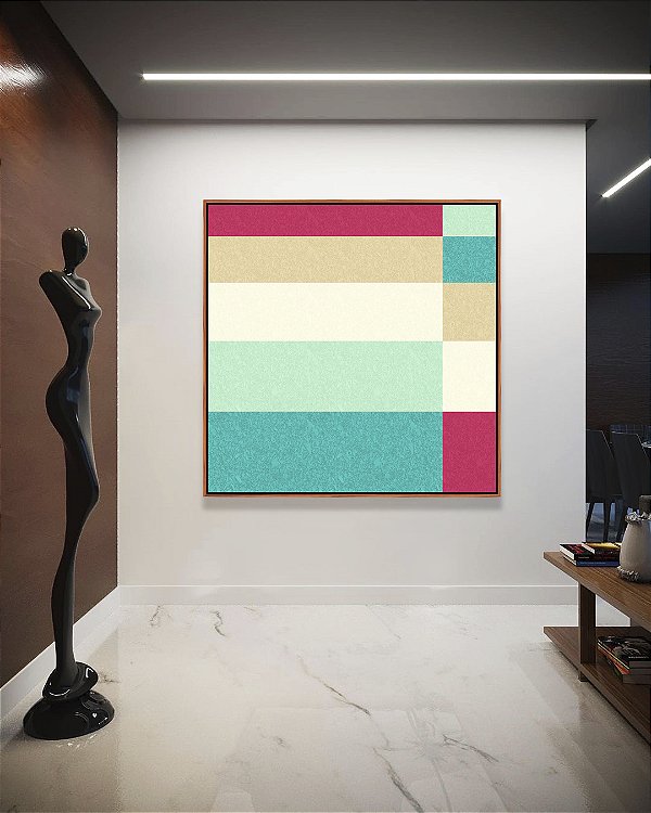 Quadro Quadrado Abstrato Geométrico Listras Rosa Turquesa Canvas Moldura