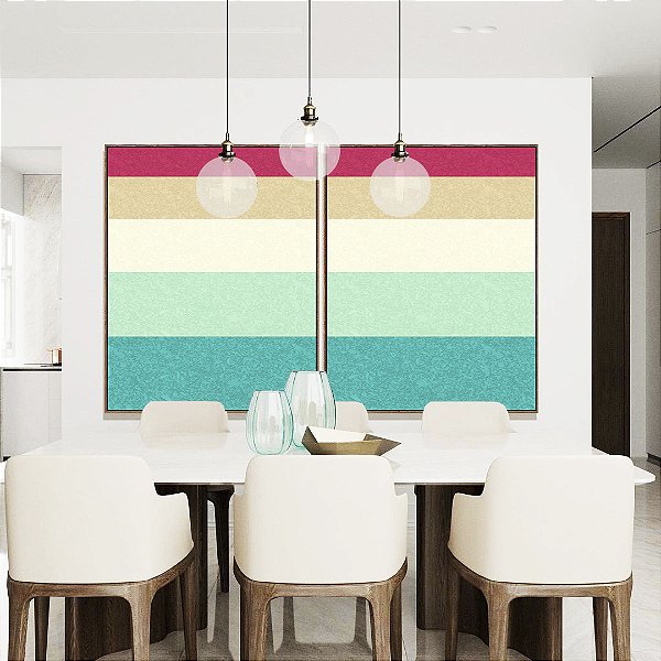 Duo de Quadros Abstrato Geométrico Listras Rosa Turquesa Canvas Moldura