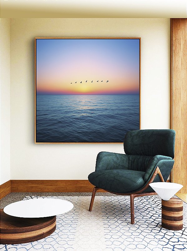 Quadro Quadrado Mar Azul Calmo Pôr do Sol no Céu e Pássaros Canvas Moldura
