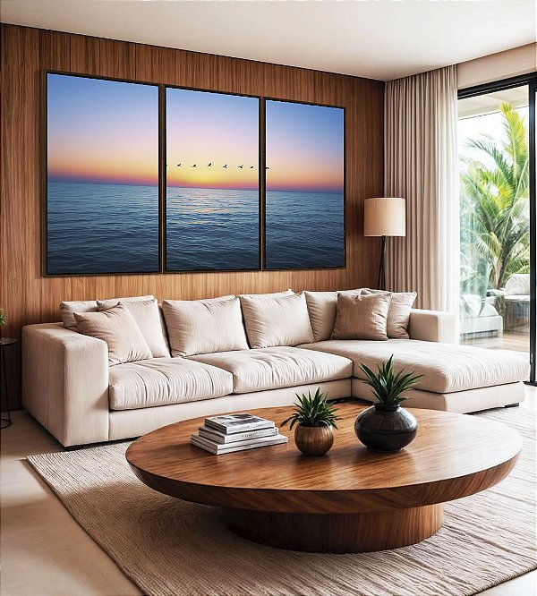 Trio de Quadros Mar Azul Calmo Pôr do Sol no Céu e Pássaros Canvas Moldura