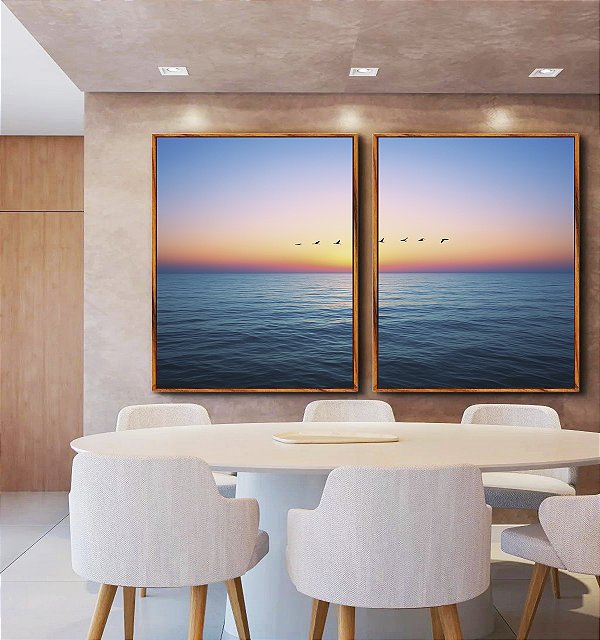 Duo de Quadros Mar Azul Calmo Pôr do Sol no Céu e Pássaros Canvas Moldura