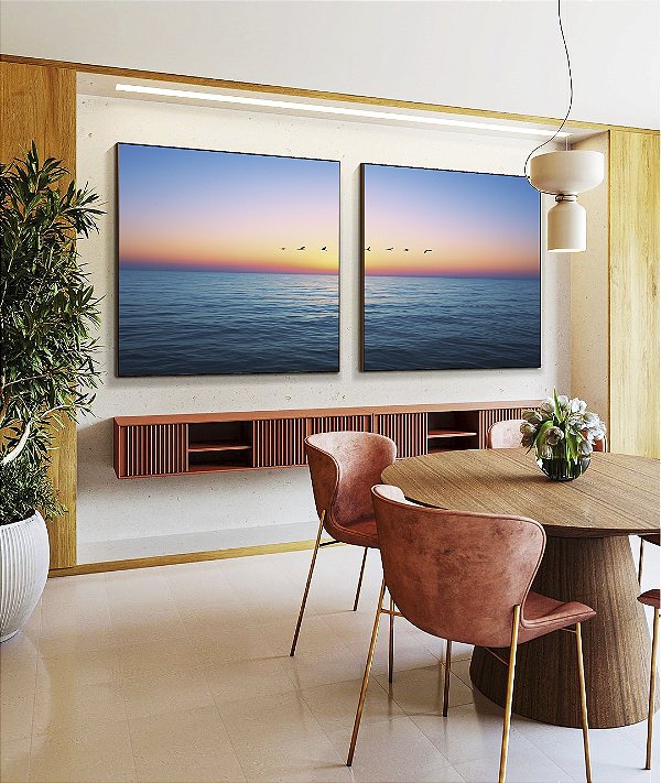 Duo de Quadros Quadrados Mar Azul Calmo Pôr do Sol no Céu e Pássaros Canvas Moldura