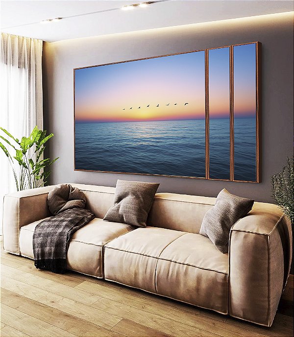 Trio de Quadros Estilizados Mar Azul Calmo Pôr do Sol no Céu e Pássaros Canvas Moldura