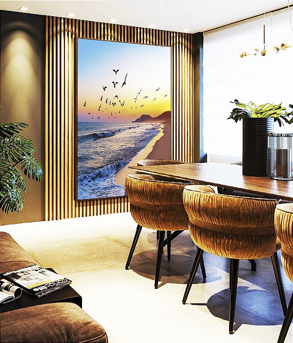 Quadro Vertical Nascer do Sol Praia de Mar Azul e Pássaros Canvas Moldura