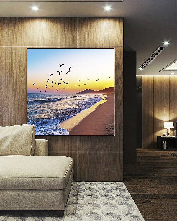 Quadro Quadrado Nascer do Sol Praia de Mar Azul e Pássaros Canvas Moldura