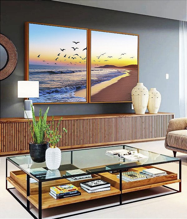 Duo de Quadros Nascer do Sol Praia de Mar Azul e Pássaros Canvas Moldura
