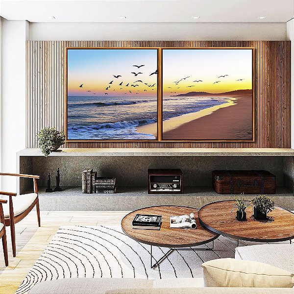 Duo de Quadros Quadrados Nascer do Sol Praia de Mar Azul e Pássaros Canvas Moldura