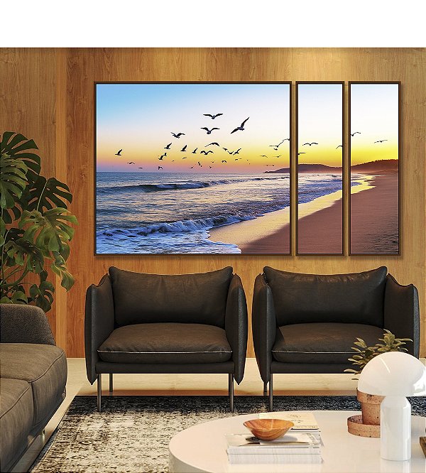 Trio de Quadros Estilizados Nascer do Sol Praia de Mar Azul e Pássaros Canvas Moldura