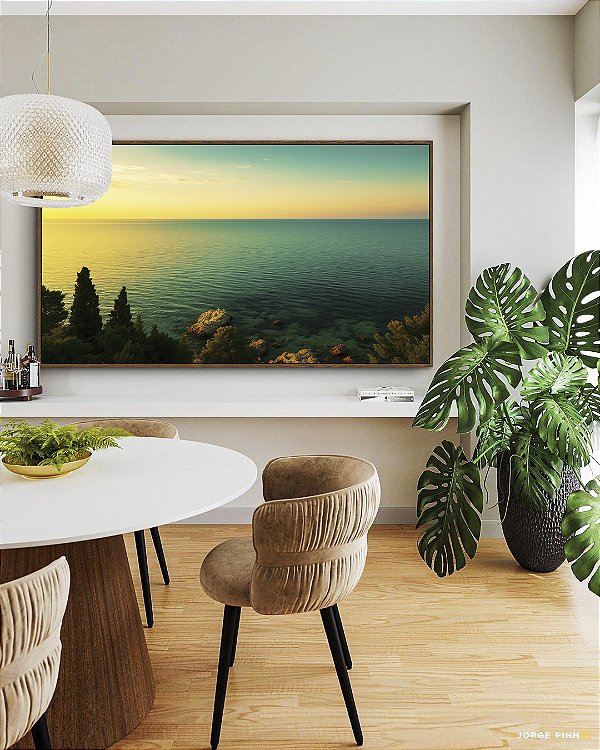 Quadro Horizontal Mar Turquesa Luzes do Sol e Floresta Natureza Canvas Moldura