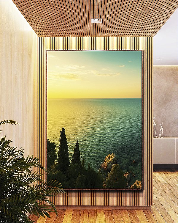 Quadro Vertical Mar Turquesa Luzes do Sol e Floresta Natureza Canvas Moldura