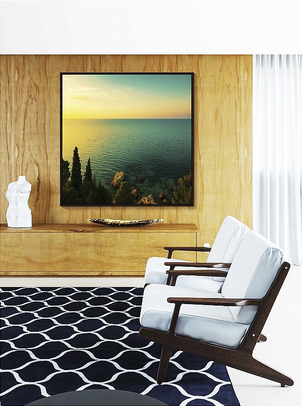 Quadro Quadrado Mar Turquesa Luzes do Sol e Floresta Natureza Canvas Moldura