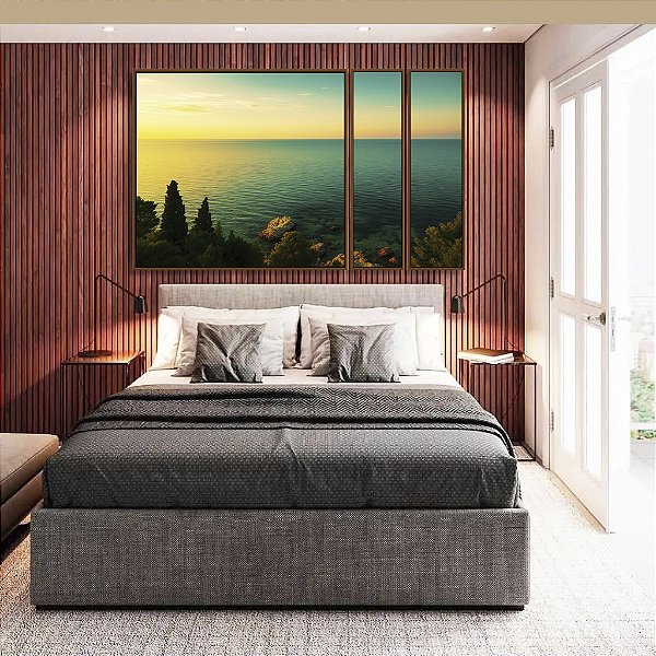 Trio de Quadros Estilizados Mar Turquesa Luzes do Sol e Floresta Natureza Canvas Moldura