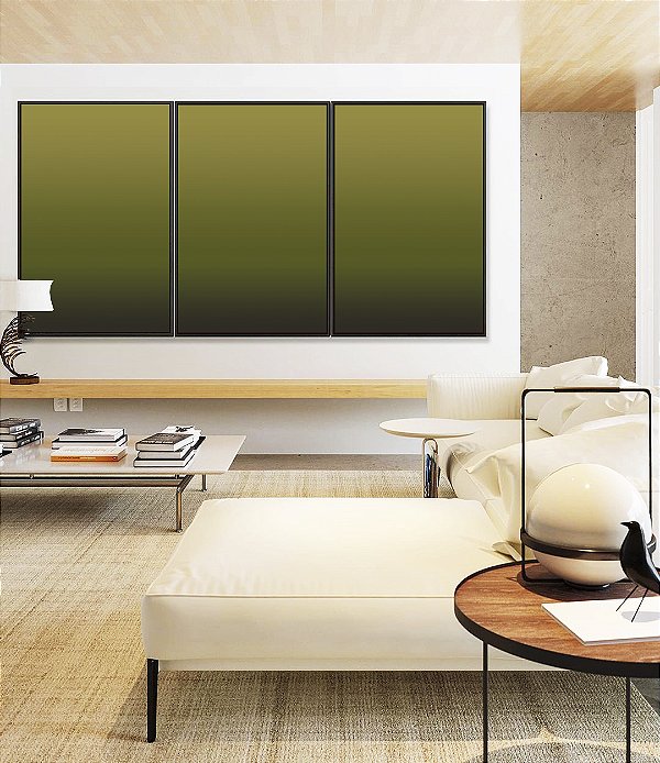 Trio de Quadros Abstrato Degradê Verde Oliva Canvas Moldura