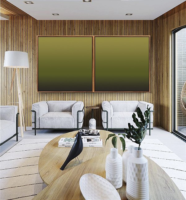 Duo de Quadros Quadrados Abstrato Degradê Verde Oliva Canvas Moldura