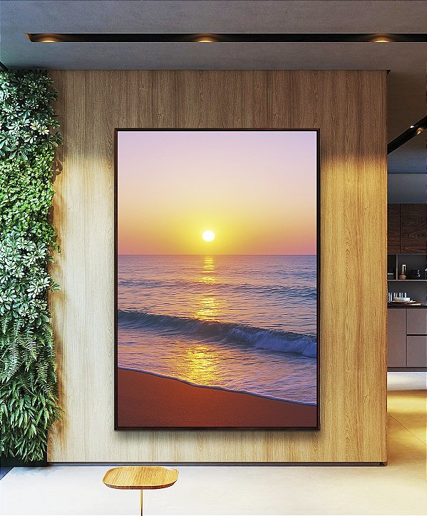 Quadro Vertical Praia Mar Azul e Céu Rosa ao Pôr do Sol Canvas Moldura