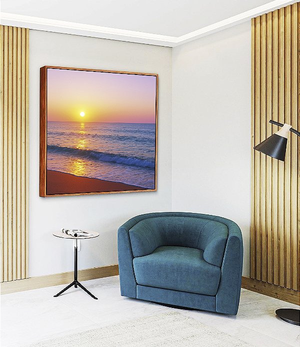 Quadro Quadrado Praia Mar Azul e Céu Rosa ao Pôr do Sol Canvas Moldura