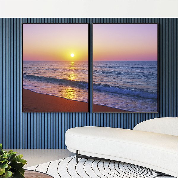 Duo de Quadros Praia Mar Azul e Céu Rosa ao Pôr do Sol Canvas Moldura