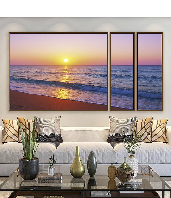 Trio de Quadros Estilizados Praia Mar Azul e Céu Rosa ao Pôr do Sol Canvas Moldura