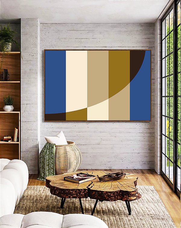 Quadro Horizontal Geométrico Listras Círculo Azul Bege Canvas Moldura